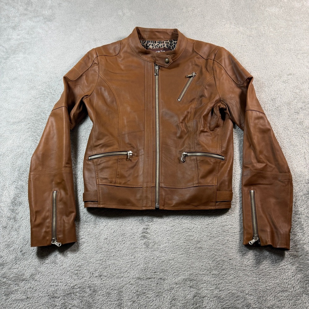 Von Dutch Leather Moto Jacket Women XS Brown Leopard Print Lining Y2K